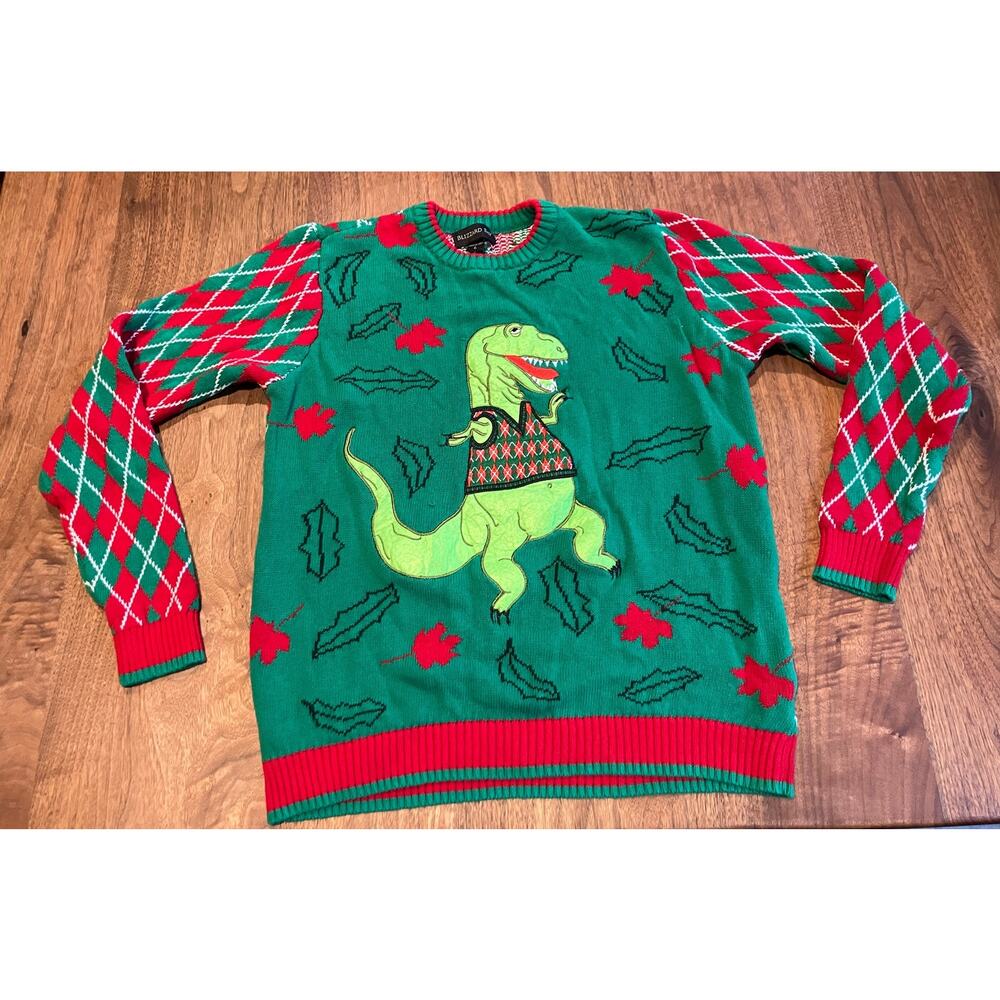 Ugly Christmas Sweater Blizzard Bay Men's‎ Large Timmy The T-Rex Green Red Dino